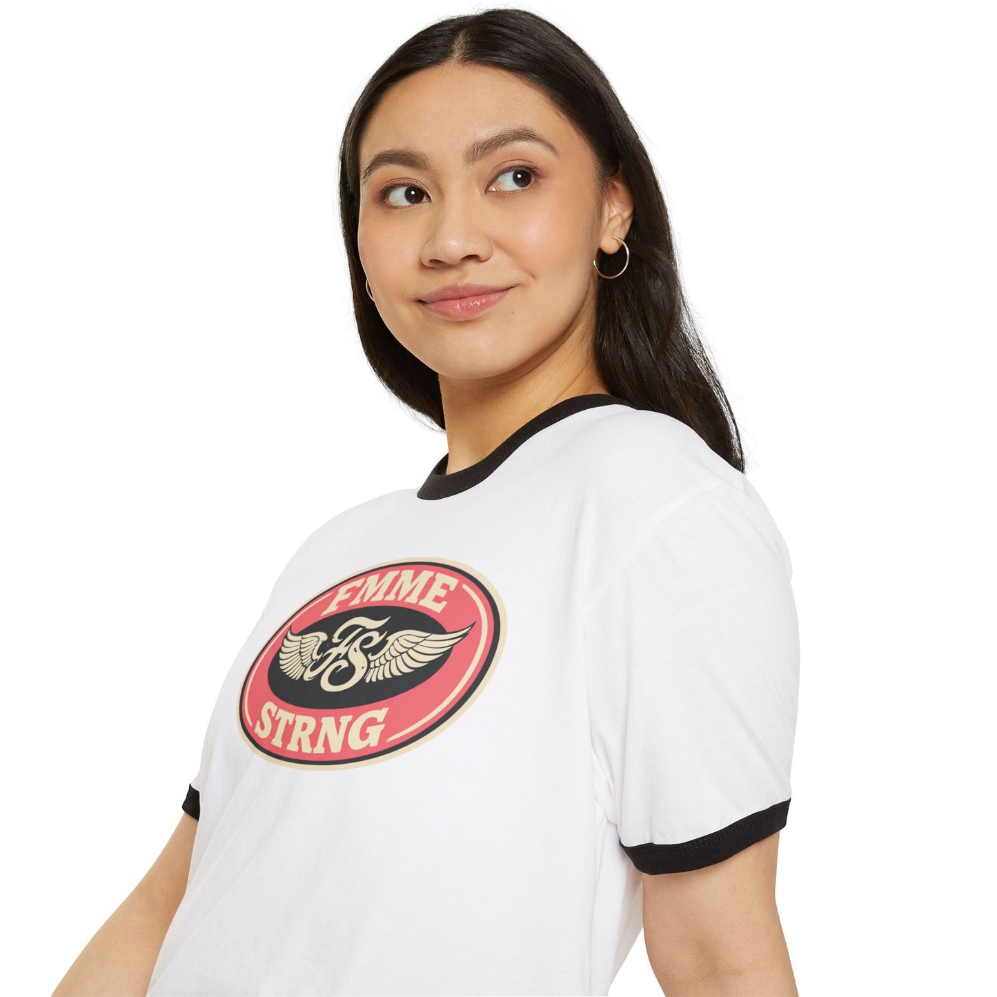 Femme Strong Ringer Tee — Vintage Winged Badge Graphic