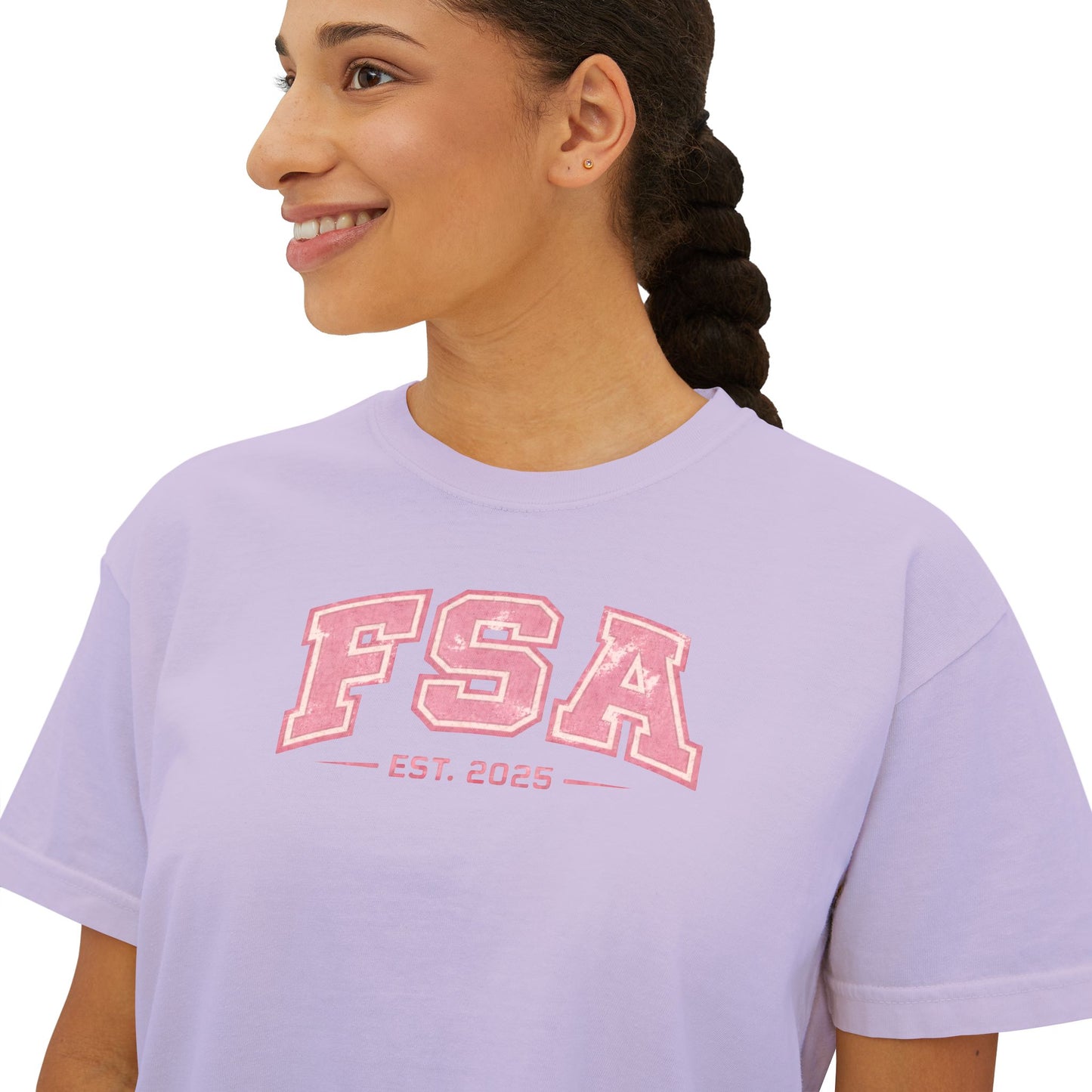 FSA Pink Collegiate Boxy Tee — Women's Casual Crop T-Shirt
