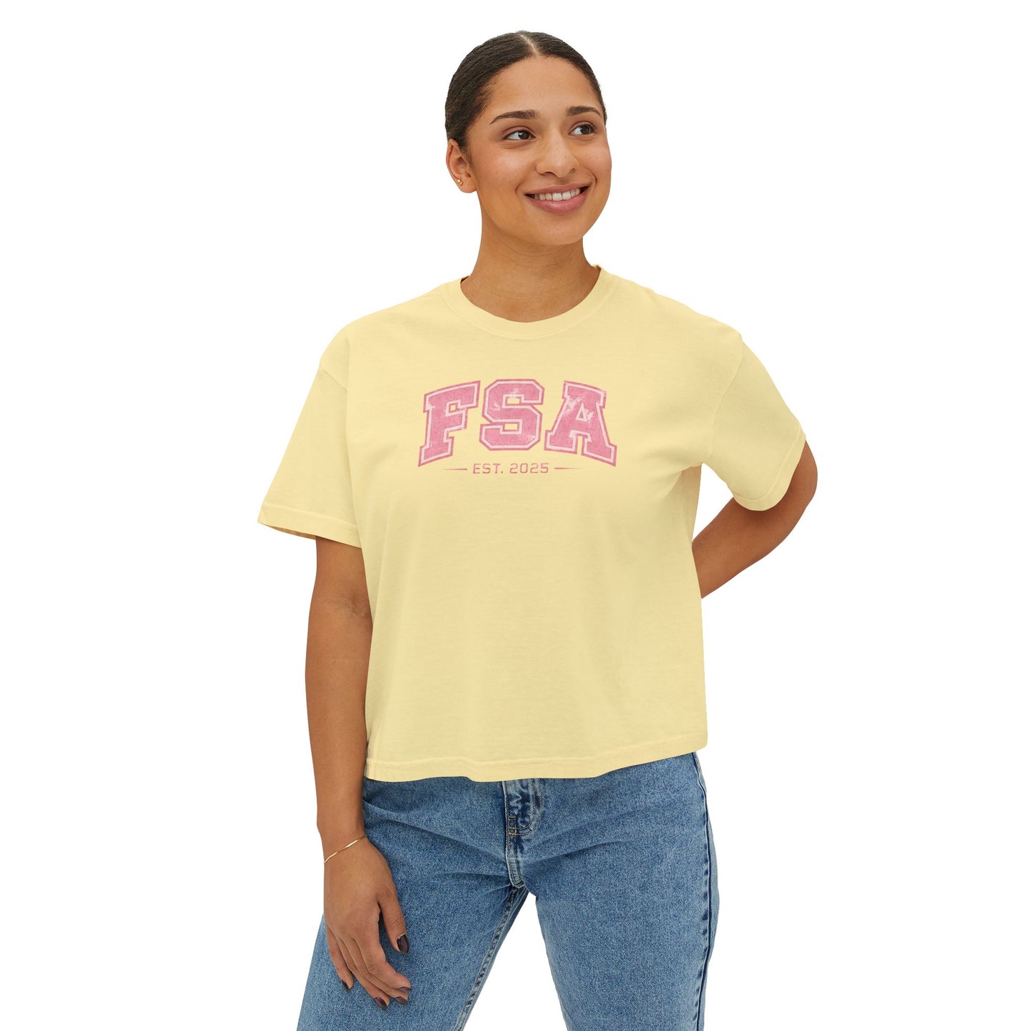 FSA Pink Collegiate Boxy Tee — Women's Casual Crop T-Shirt
