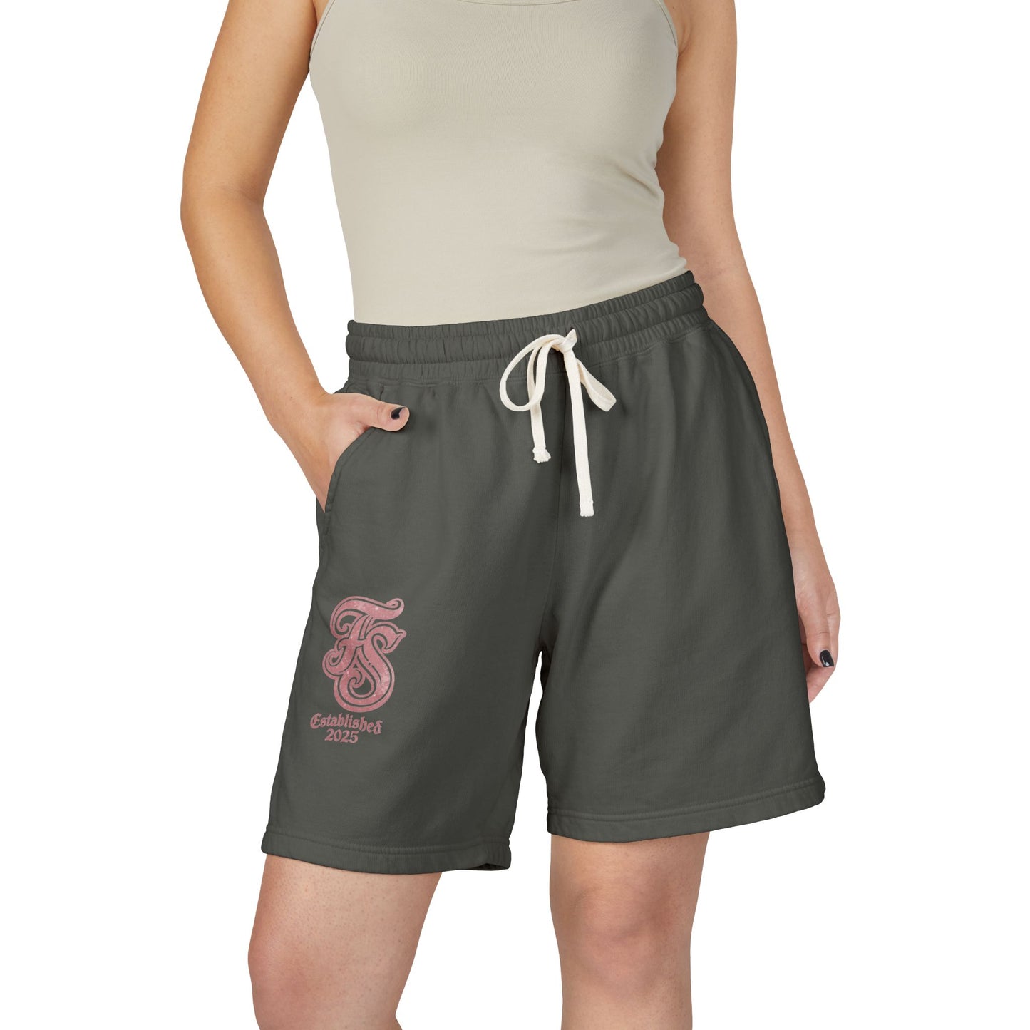 Embroidered Retro Monogram Sweat Shorts — "Established 2023" Lightweight Fleece