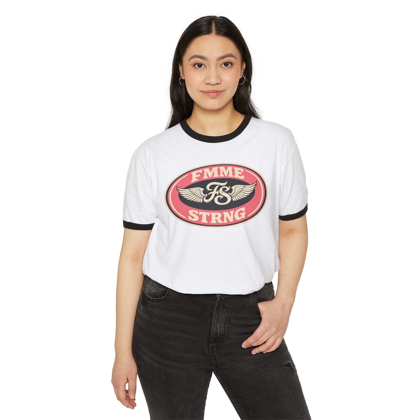 Femme Strong Ringer Tee — Vintage Winged Badge Graphic