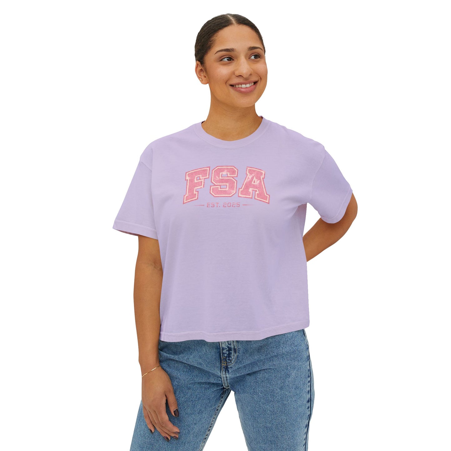 FSA Pink Collegiate Boxy Tee — Women's Casual Crop T-Shirt