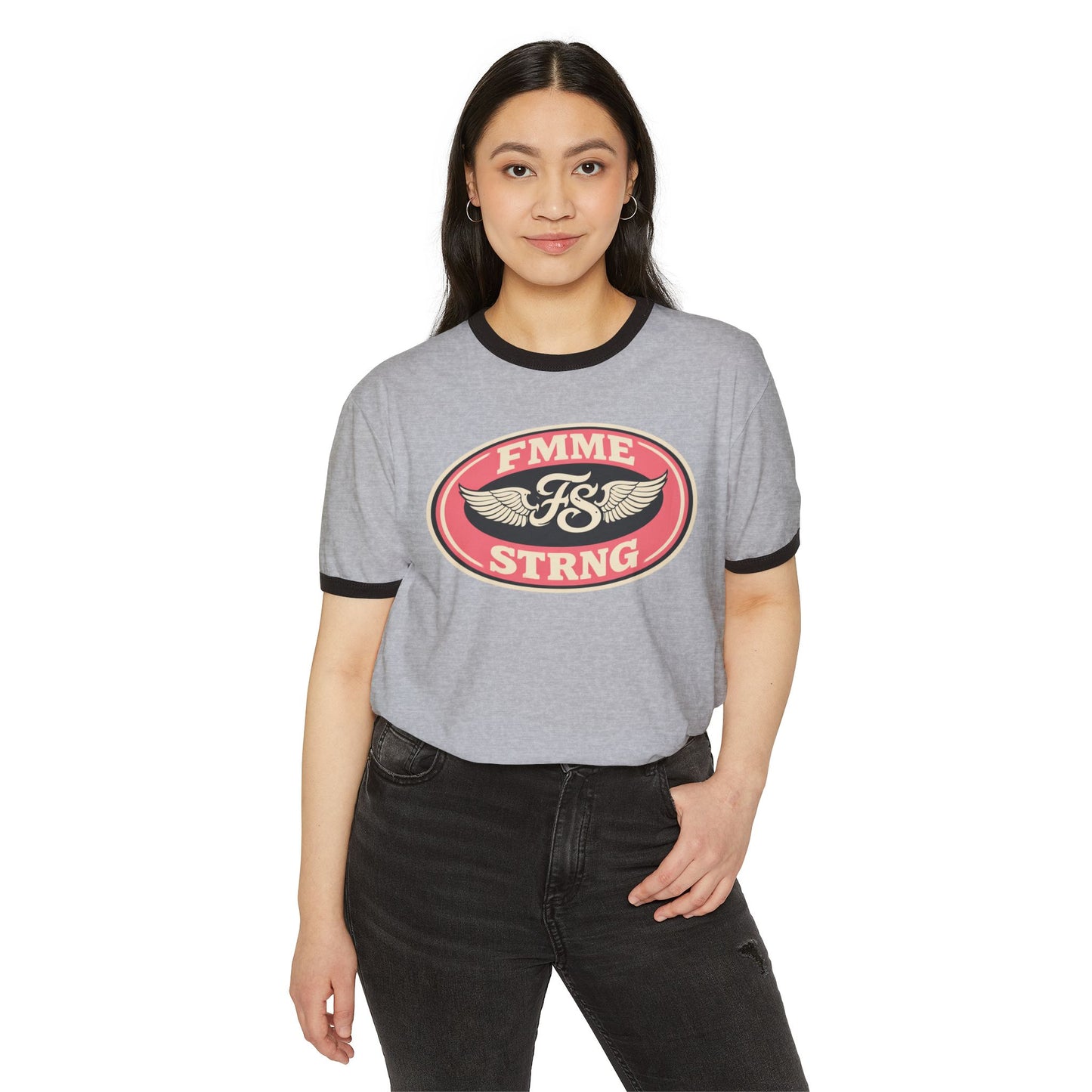 Femme Strong Ringer Tee — Vintage Winged Badge Graphic