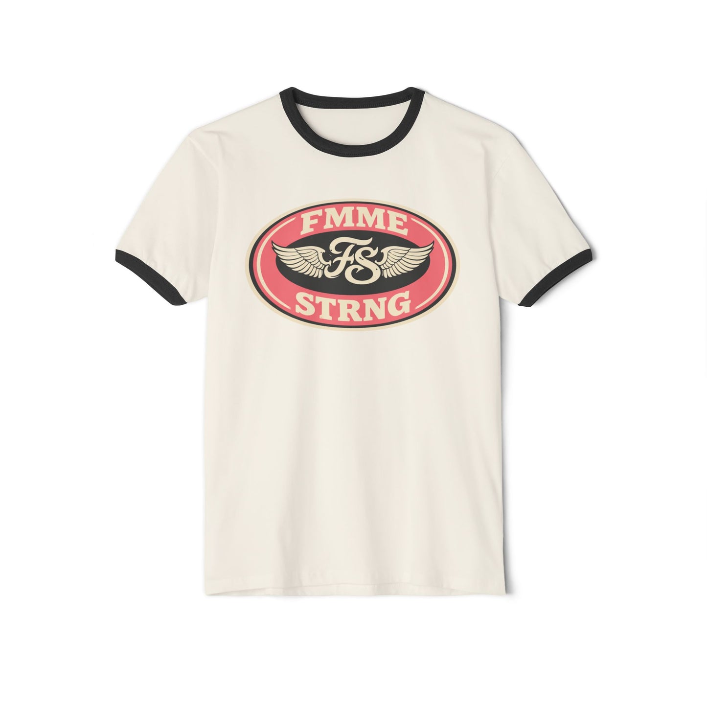 Femme Strong Ringer Tee — Vintage Winged Badge Graphic