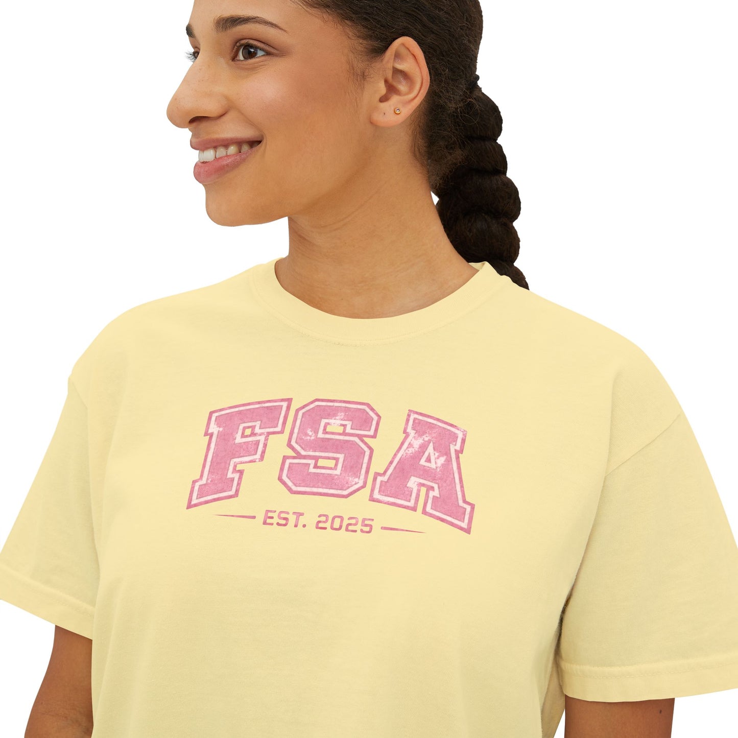 FSA Pink Collegiate Boxy Tee — Women's Casual Crop T-Shirt