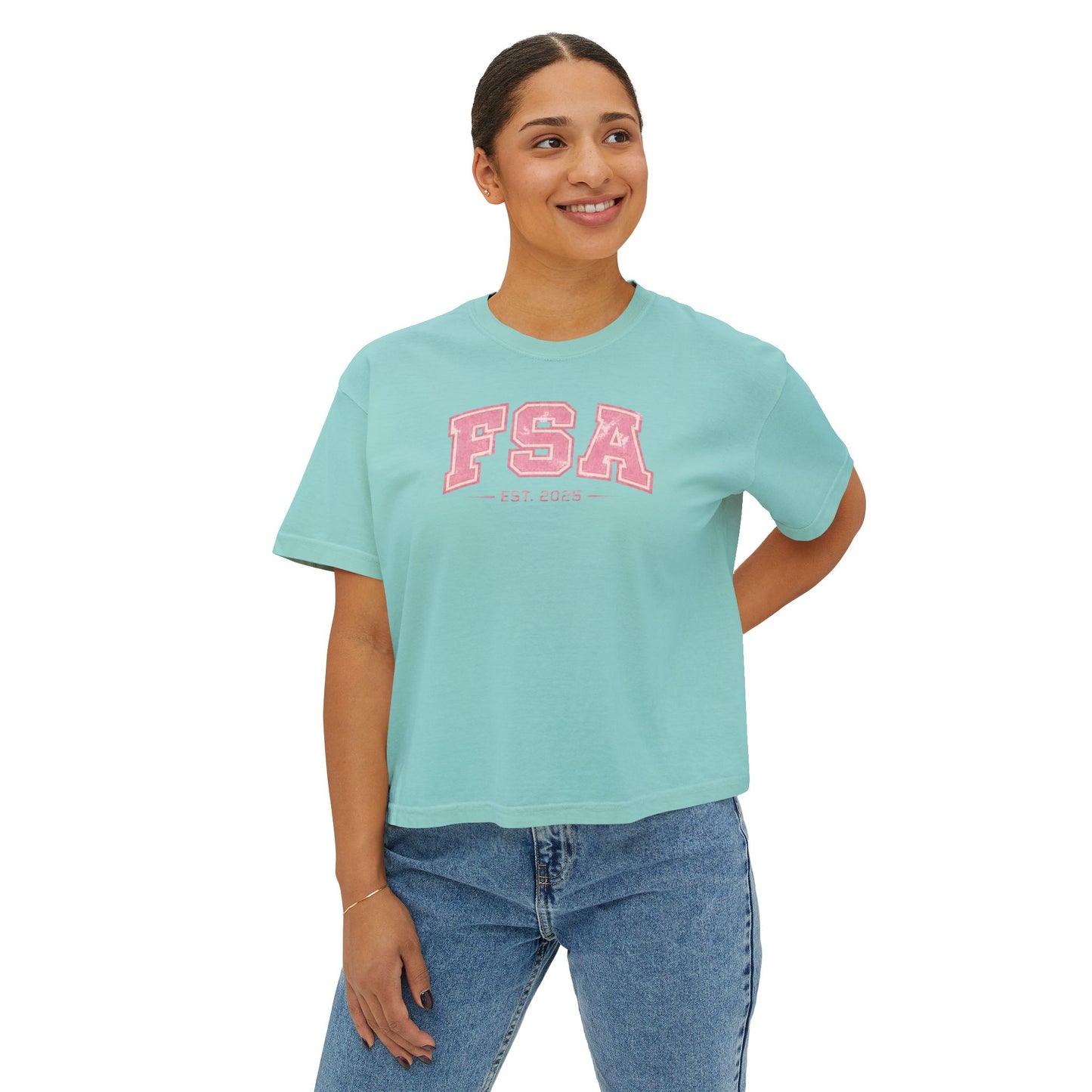 FSA Pink Collegiate Boxy Tee — Women's Casual Crop T-Shirt