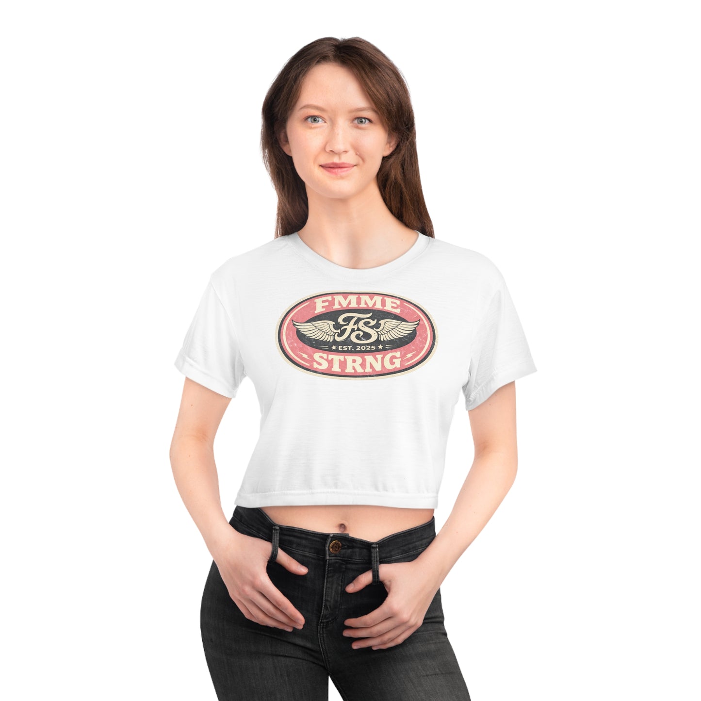 Femme Strong Crop Tee — Vintage Winged Crest Graphic
