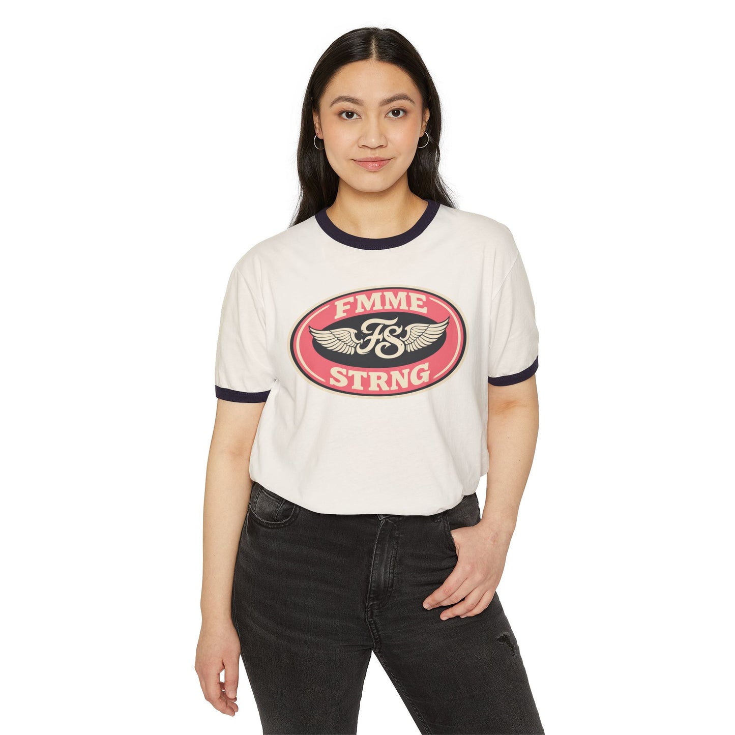 Femme Strong Ringer Tee — Vintage Winged Badge Graphic