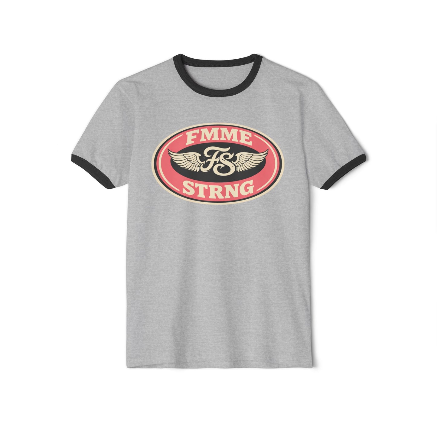 Femme Strong Ringer Tee — Vintage Winged Badge Graphic