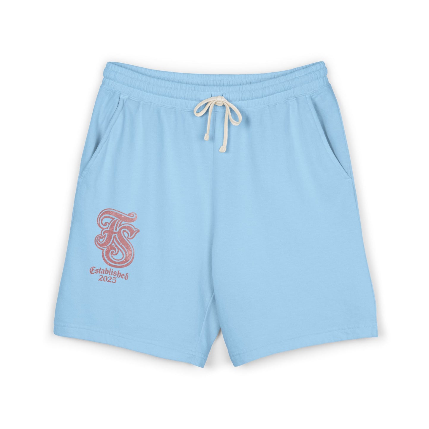 Embroidered Retro Monogram Sweat Shorts — "Established 2023" Lightweight Fleece