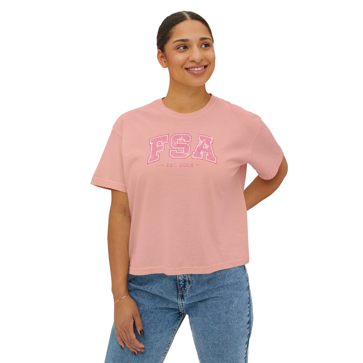 FSA Pink Collegiate Boxy Tee — Women's Casual Crop T-Shirt