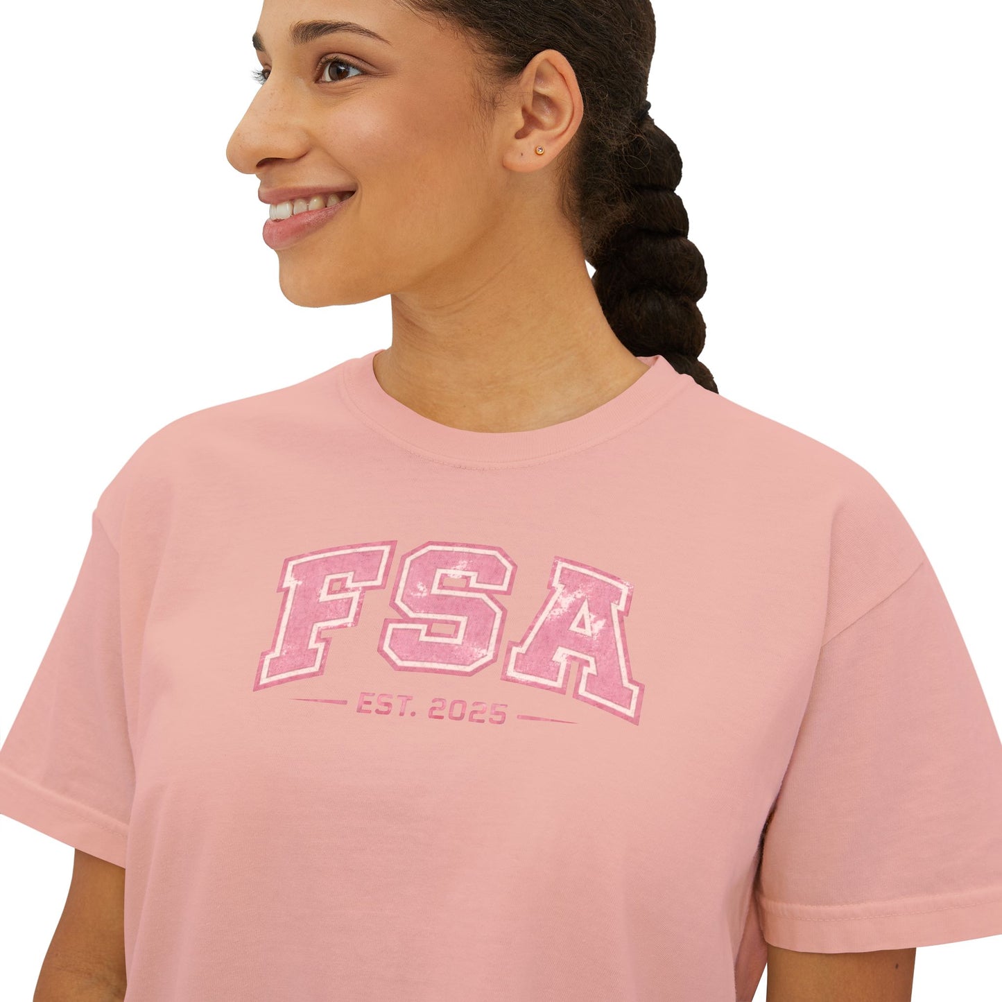FSA Pink Collegiate Boxy Tee — Women's Casual Crop T-Shirt