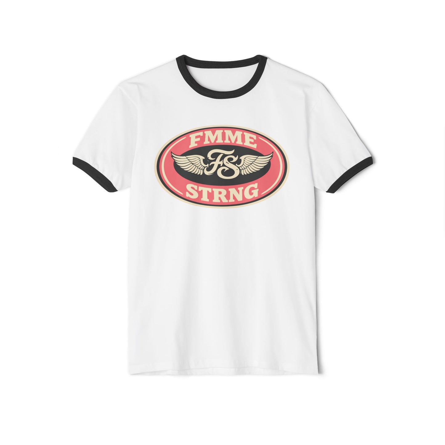Femme Strong Ringer Tee — Vintage Winged Badge Graphic