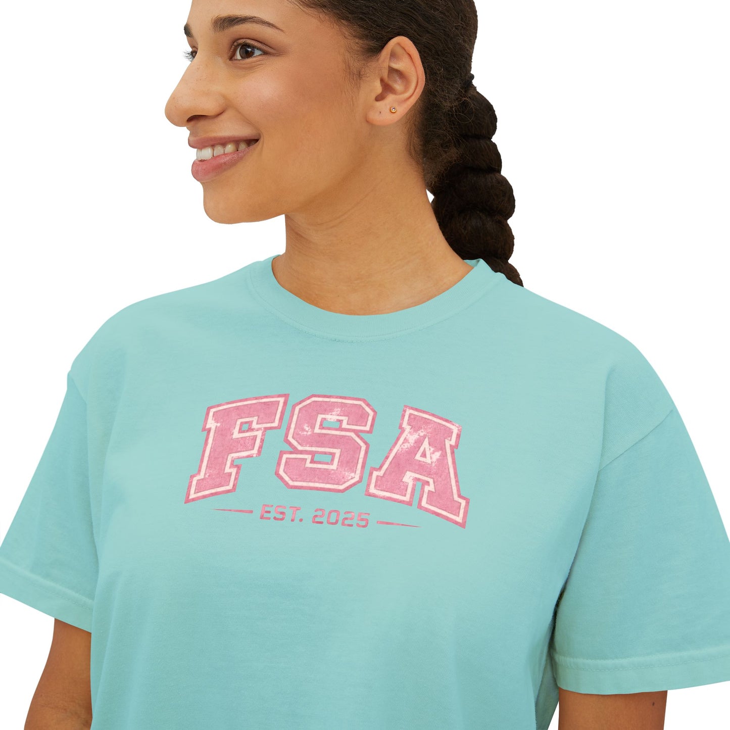 FSA Pink Collegiate Boxy Tee — Women's Casual Crop T-Shirt