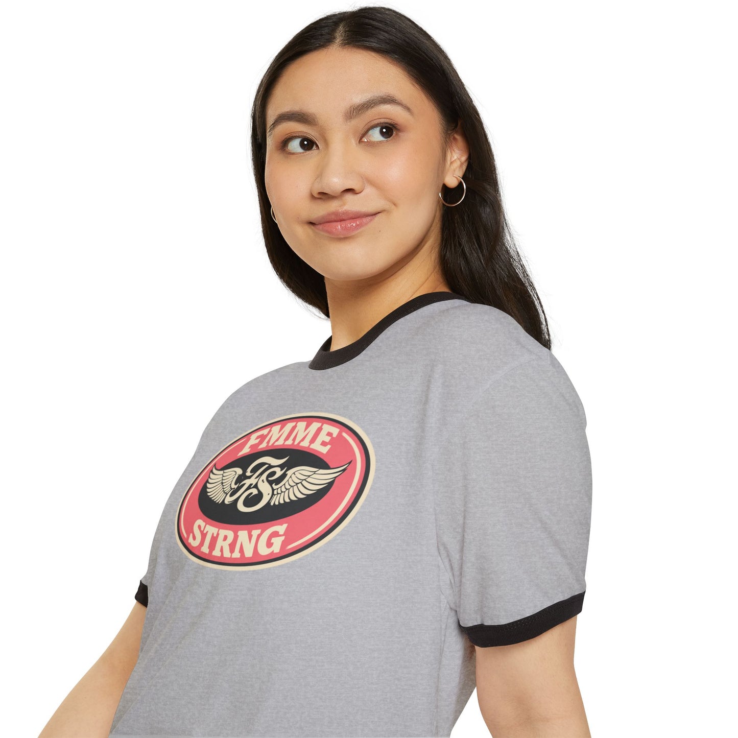Femme Strong Ringer Tee — Vintage Winged Badge Graphic
