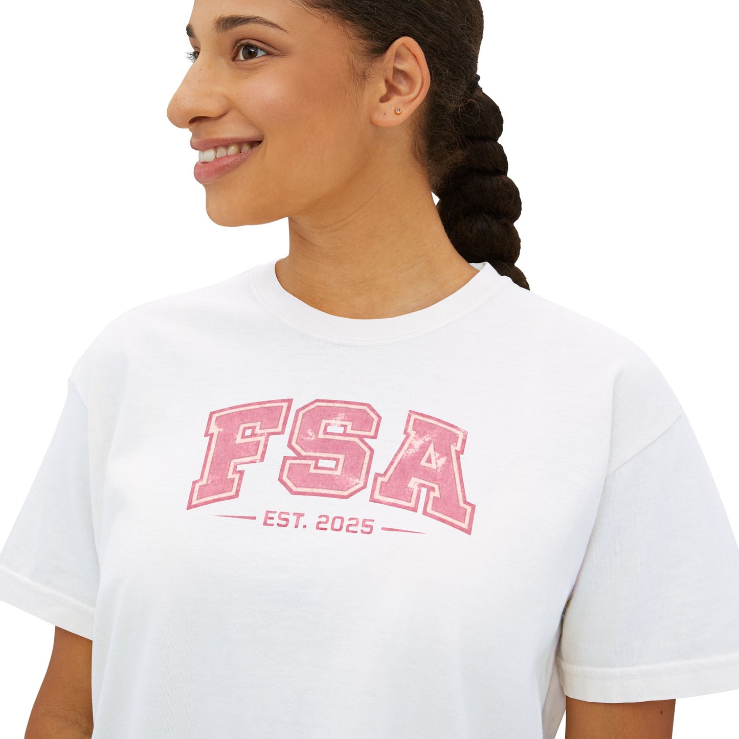 FSA Pink Collegiate Boxy Tee — Women's Casual Crop T-Shirt