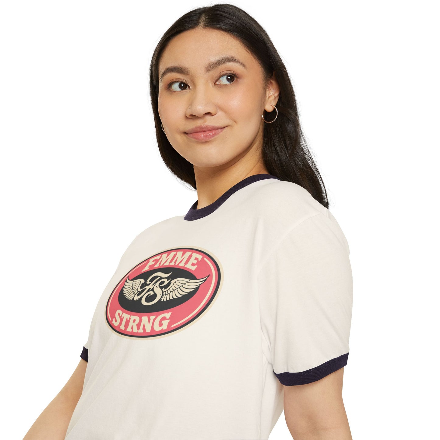 Femme Strong Ringer Tee — Vintage Winged Badge Graphic