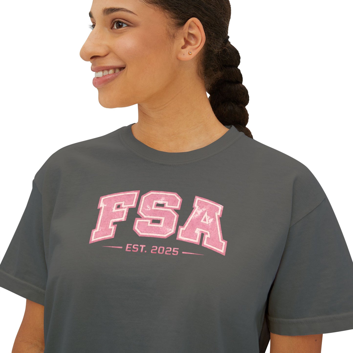 FSA Pink Collegiate Boxy Tee — Women's Casual Crop T-Shirt