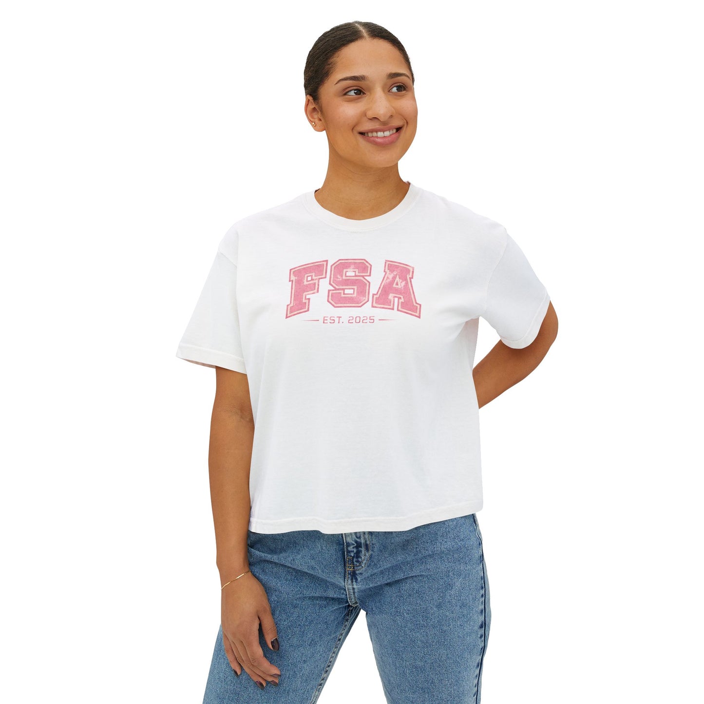 FSA Pink Collegiate Boxy Tee — Women's Casual Crop T-Shirt
