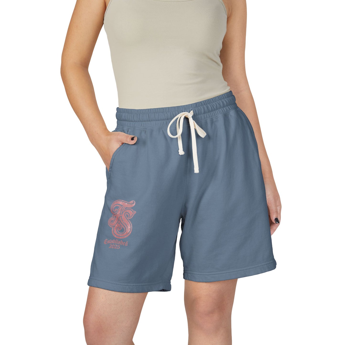 Embroidered Retro Monogram Sweat Shorts — "Established 2023" Lightweight Fleece