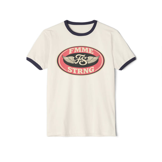Femme Strong Ringer Tee — Vintage Winged Badge Graphic